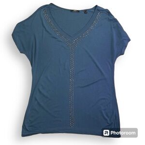 MEXX women blue t-shirt with studs and mesh insert at the neck line L